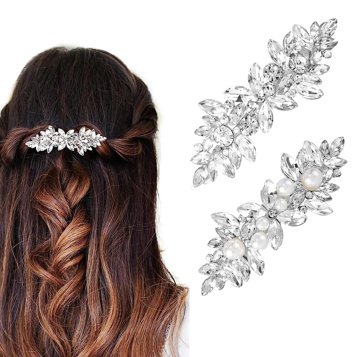 MAYCREATE 2pcs Rhinestone Hair Clips for Women Stylish Pearl Crystal Hair Pins, Silver Bridal Bun Hair Accessories for Daily, Party, Wedding MAYCREATE 2pcs Rhinestone Hair Clips for Women Stylish Pearl Crystal Hair Pins, Silver Bridal Bun Hair Accessories for Daily, Party, Wedding
